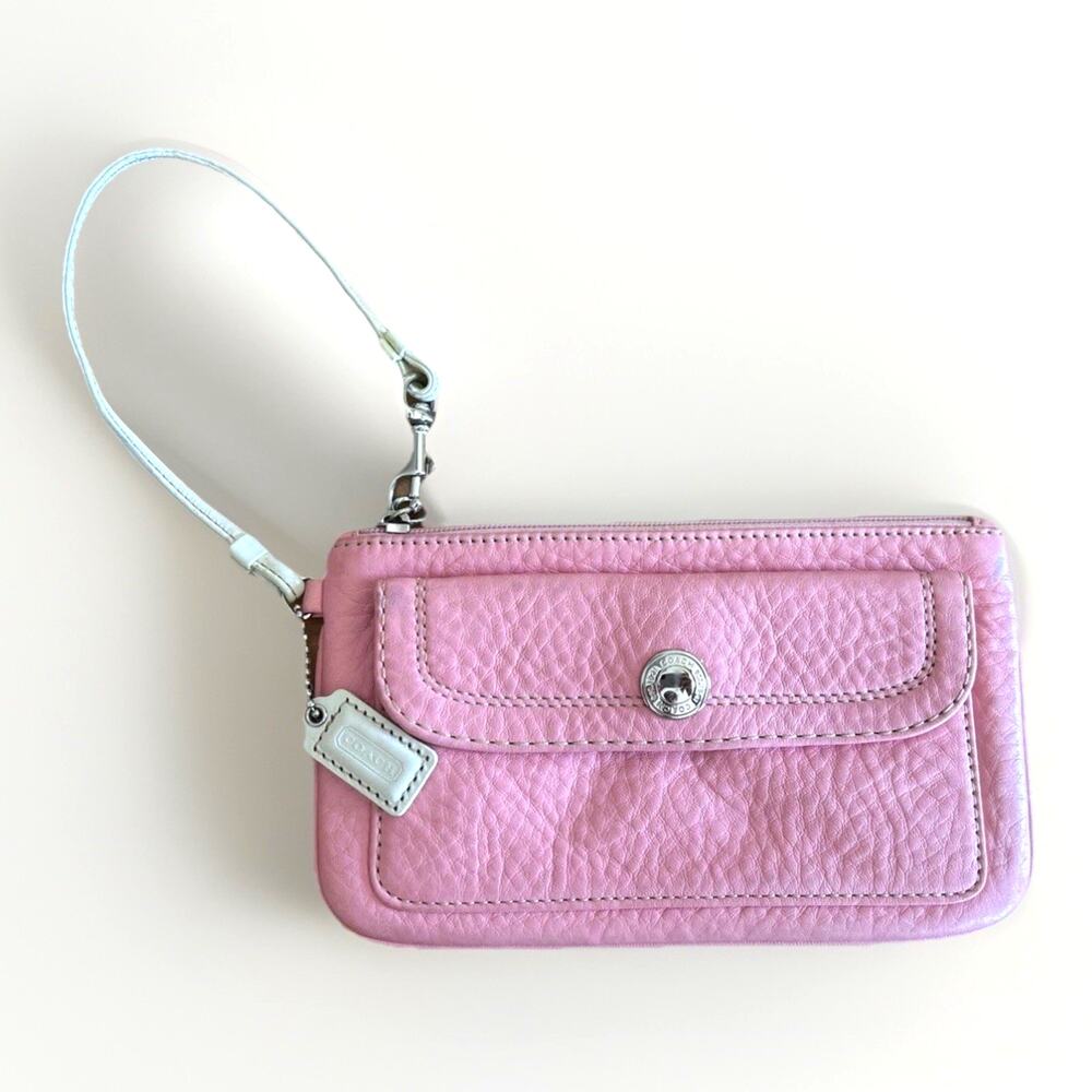 Coach Light Pink Pebbled Leather Wristlet Clutch White Strap Small Purse